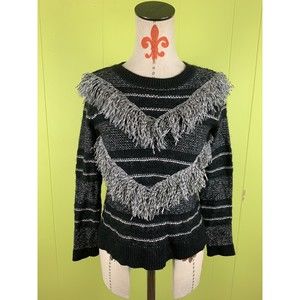 Rachel By Rachel Roy Women's Black Fringed Long Sleeve Crewneck Sweater S